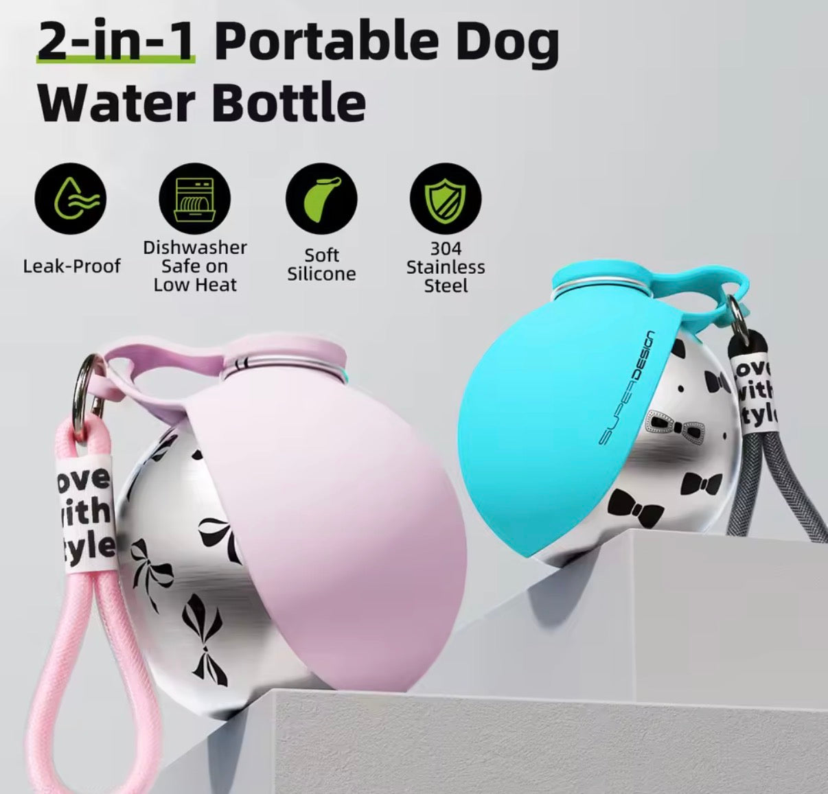 2-in-1 Portable Dog Water Bottle for Small Dogs - Leak-Proof & Compact Dog Travel Water Bottle - Stainless Steel
